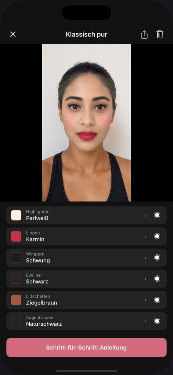 Die Detailansicht eines gespeicherten Looks, darunter die neun Farbtöne und eine Schaltfläche für die Schritt-für-Schritt-Anleitung