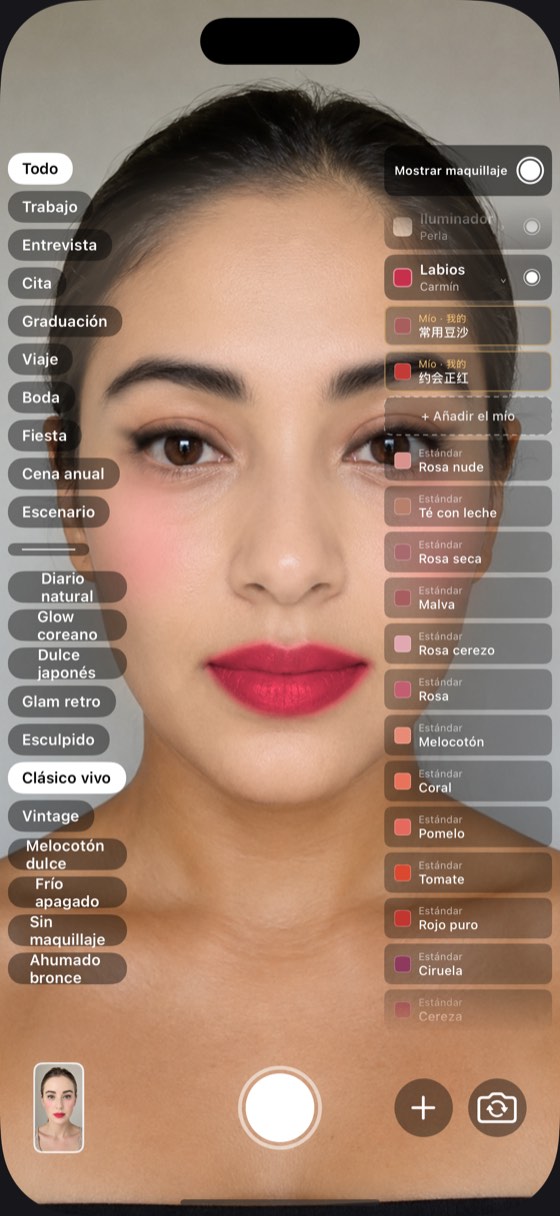 La capa de labios desplegada en su lista completa de tonos para elegir