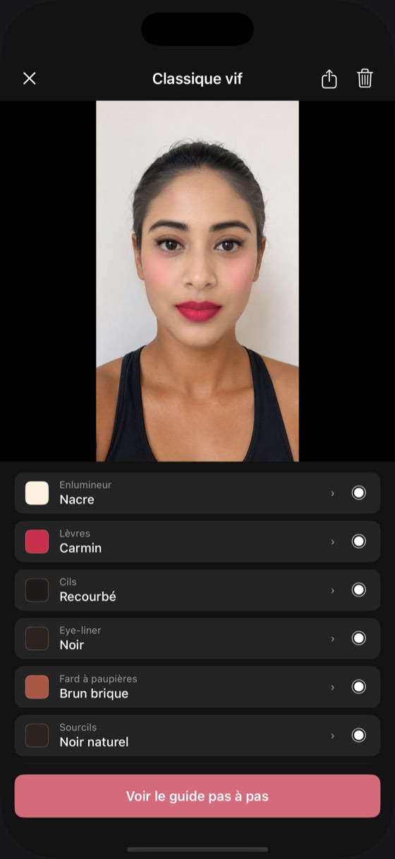 L'écran de détail d'un maquillage enregistré, ses neuf teintes en dessous et un bouton pour générer le guide pas à pas
