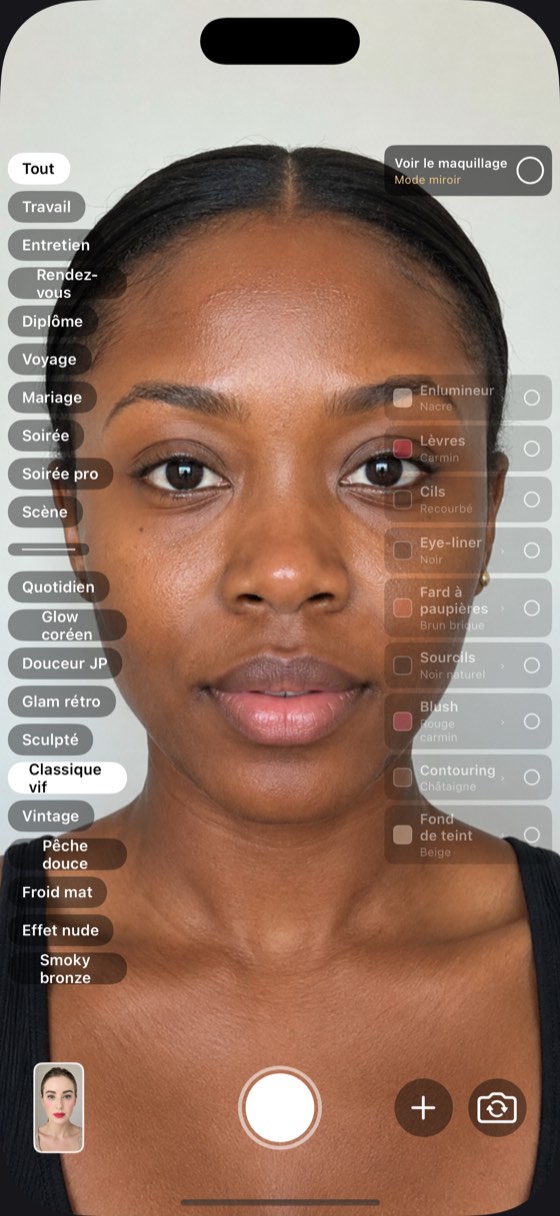 Mode miroir : l'étiquette en haut à droite et les neuf lignes de teintes passées en gris