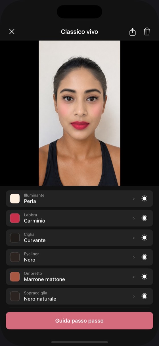 La schermata di dettaglio di un look salvato, con le nove tonalità sotto e un pulsante per generare la guida passo passo