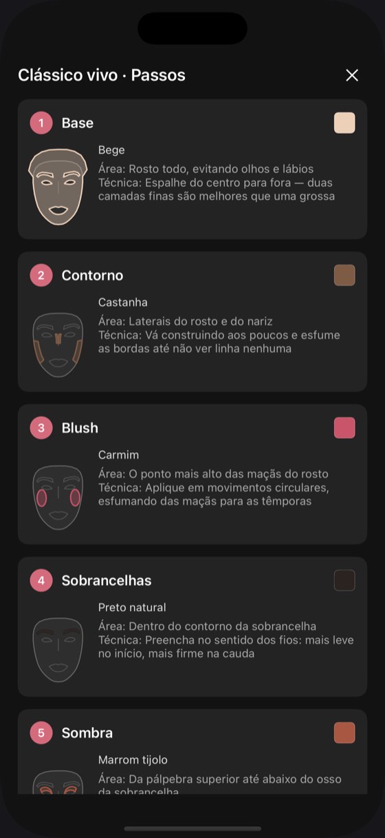 O guia passo a passo: cada etapa traz um diagrama do rosto marcando onde vai e como aplicar